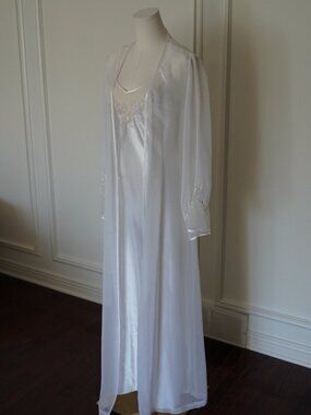 Vintage 90s Ivory Satin Slip Dress Sheer Robe Peignoir Set Bridal Coquette M/L